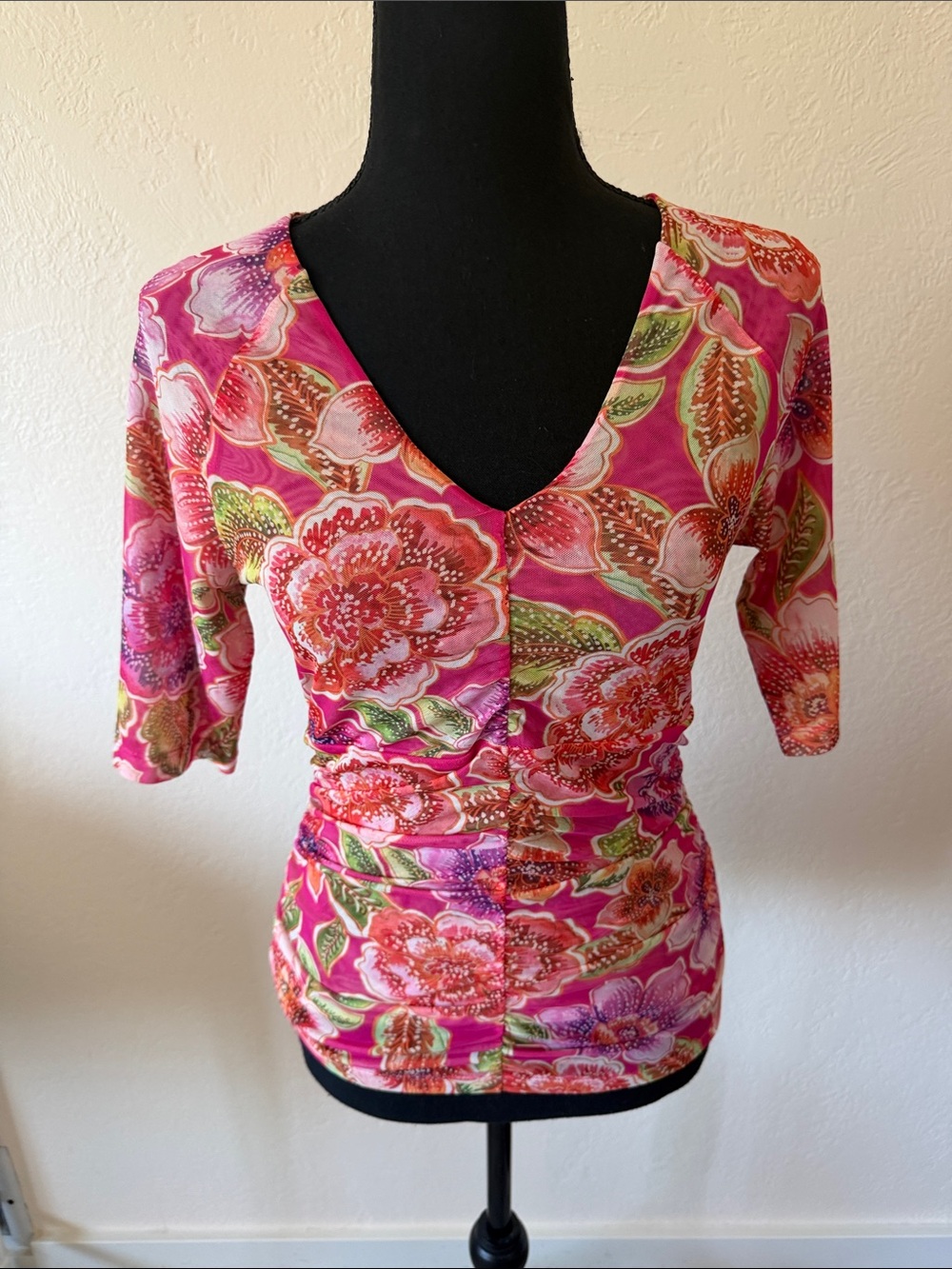 Johnny Was Pink Floral V-Neck Ruched Blouse SIZE SMALL